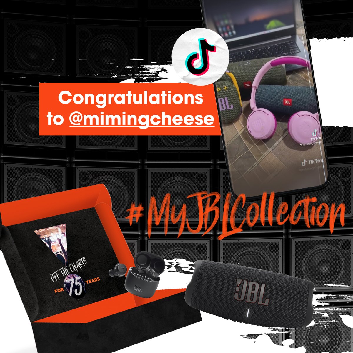 JBLPH's tweet photo. Congratulations to mimingcheese (Kat Rivera) for winning the #MyJBLCollection TikTok Video Challenge! https://t.co/vl5Aa6eXUM

Please send us a message us here on IG on how to claim your prize.

#JBLPH #JBL75 #DareToListen #OffTheCharts #JBL75th https://t.co/1GfReBxcPB