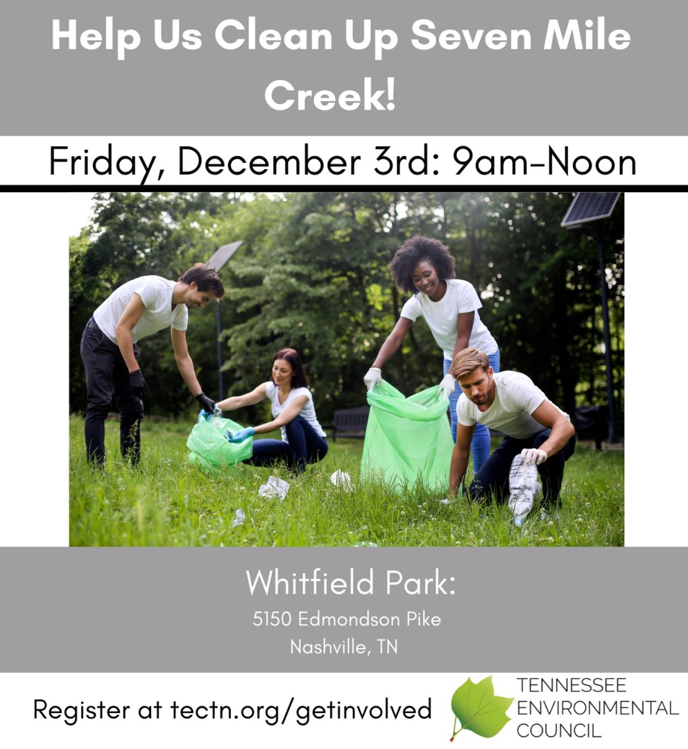 Hey Nashvillians, if you're free on Friday morning, please come help us clean up Seven Mile Creek! By the way, volunteering with us, or any other organization is a fun way to receive points in the Tennessee Eco-Challenge. Register for both at tectn.org/getinvolved.