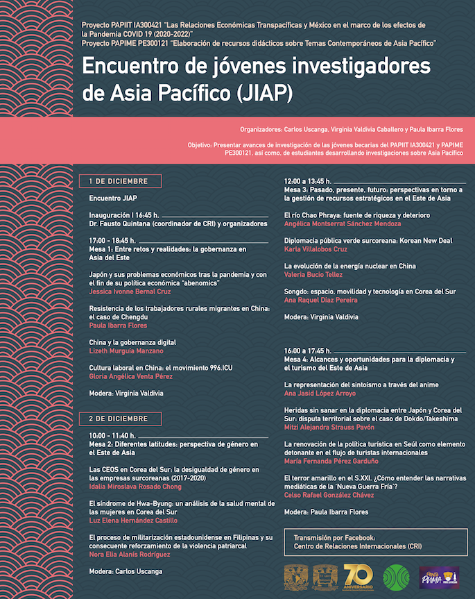 UNAM_FCPyS's tweet photo. Encuentro de jóvenes investigadores de Asia Pacífico (JIAP)
Transmisión por https://t.co/H7CymgDtOQ
@cri_fcpys
|| #PAPIIT #CRI #70AniversarioFCPyS #UNAM https://t.co/sjRsAFwq1c