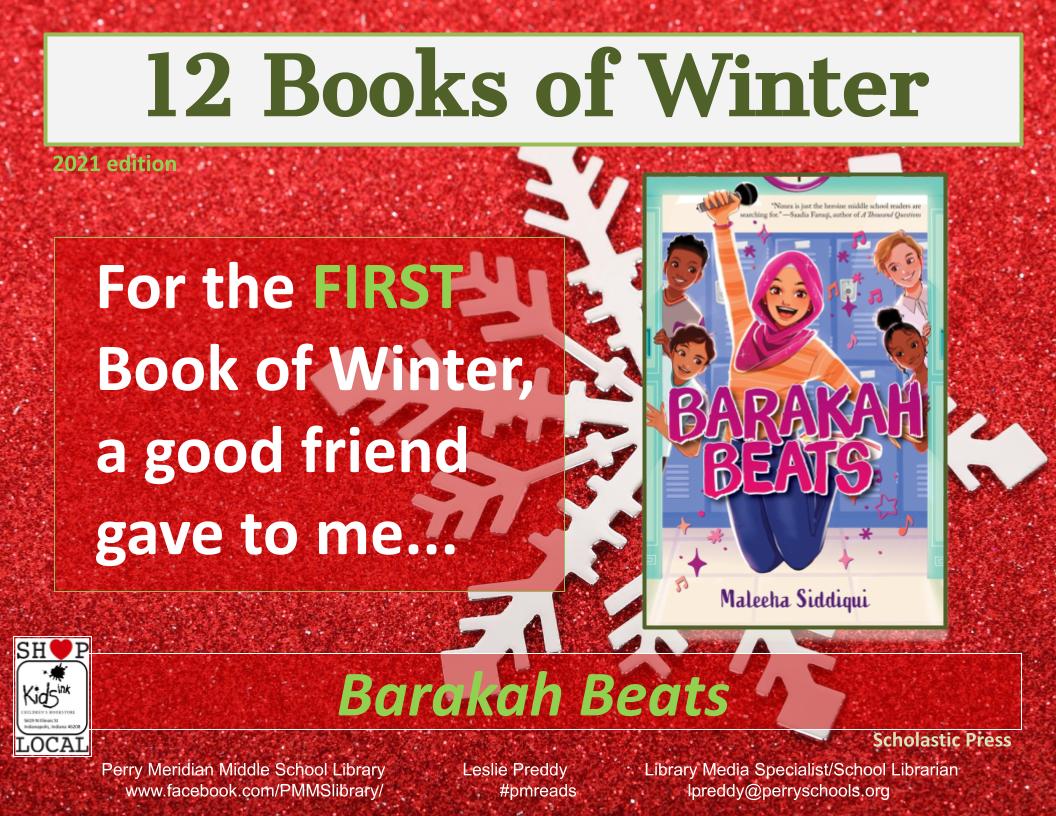 lesliepreddy's tweet photo. 12 Books of Winter, Day 1 (12-1-2021) #pmreads
In honor of the holiday song, 12 Days of Christmas, celebrate #middlegrade bks - For the 1st Book of Winter, a good friend gave to me:
Barakah Beats by @MalSidInk @Scholastic Complete list: https://t.co/bV9EIrCd9x @AISLE_ILF @KidsInk https://t.co/VRNEPtt9H2
