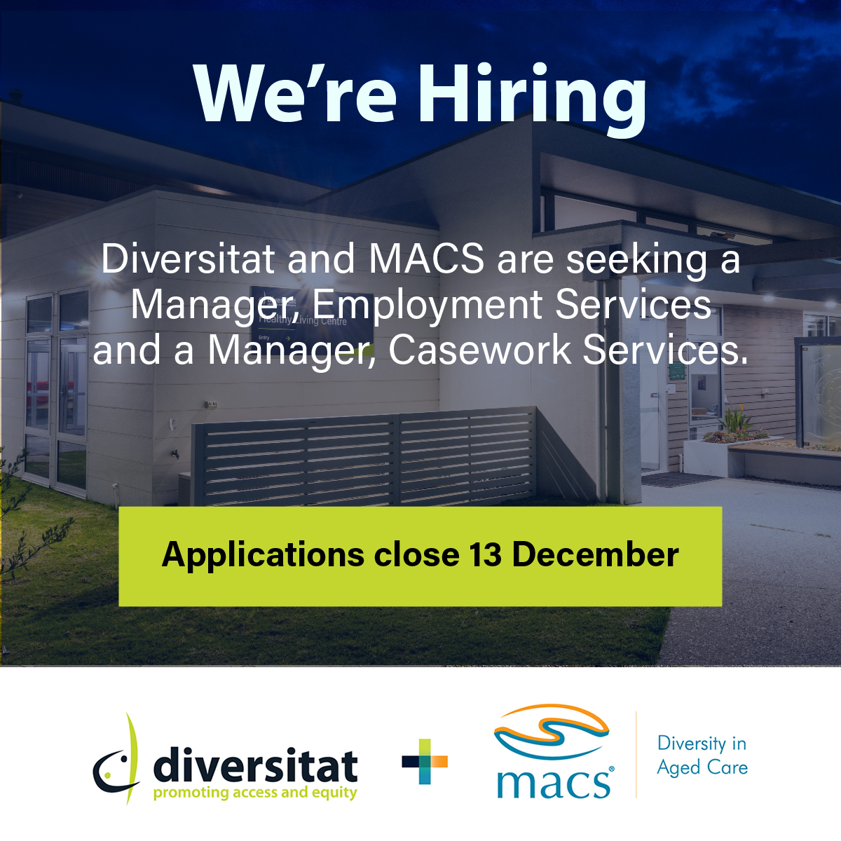 Diversitat and MACS are seeking a Manager, Employment Services Development and a Manager, Casework Services.

To apply for this and other vacancies visit: diversitat.org.au/careers/curren…

Know someone who might be suitable for these positions? Share this post with them!