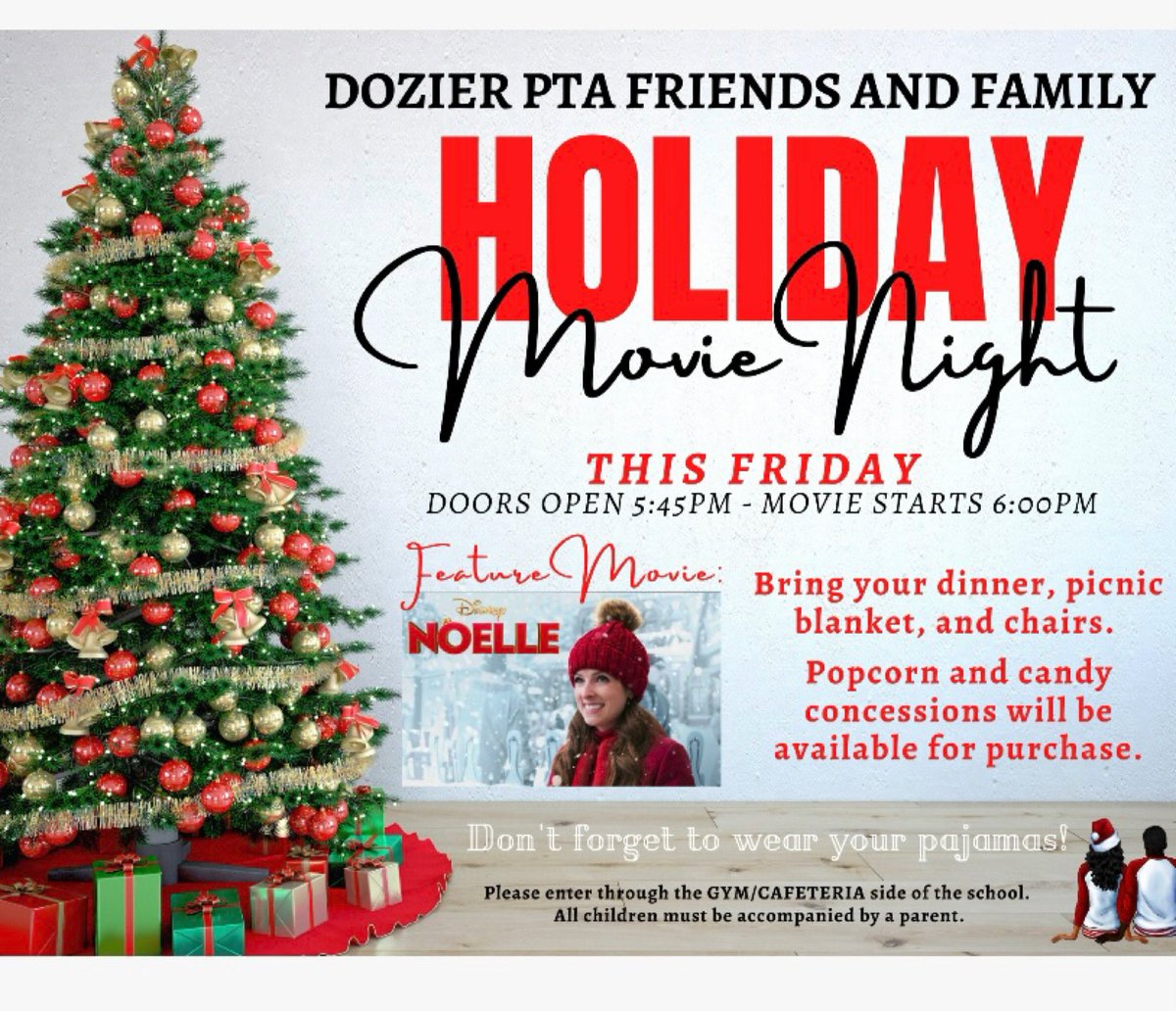 Please join us Friday, December 3rd, for our PTA Holiday Family Movie Night. Doors open at 5:45PM and the movie will begin at 6:00PM. Please enter through the doors near the cafeteria. We hope to see you there! #WeareDES #EMSProud