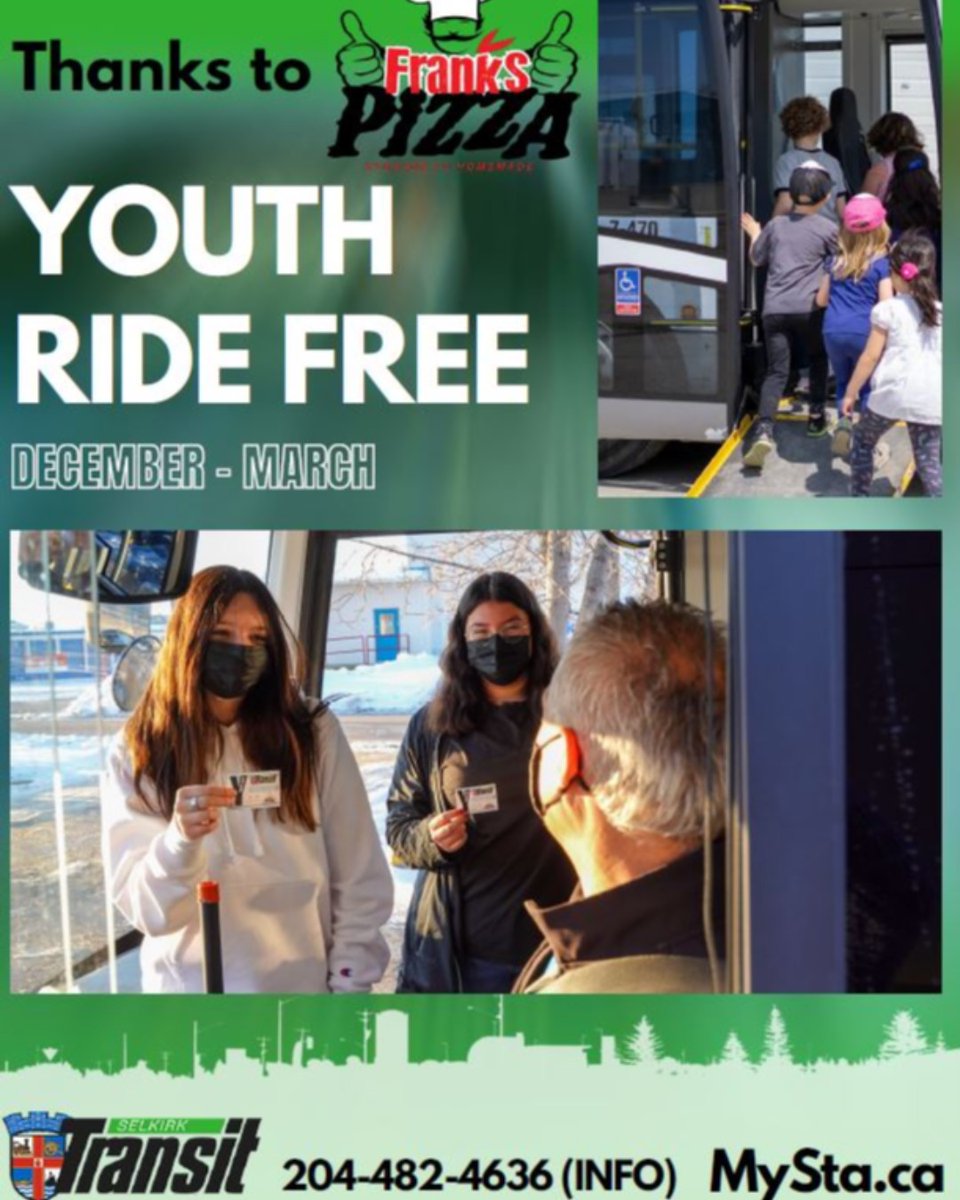 cityofselkirk's tweet photo. ❗PSSST❗
Calling all youth - Transit is free now for 4 whole months!
Hop on a bus any time to get your pass 🎟️

🚍Map and route info here: https://t.co/nouO0h1yLl

🚌Monday – Friday: 6:00 am – 6:00 pm
🚍Saturdays:8:00 am – 6:00 pm
Sundays &amp; General Holidays: Not in Service https://t.co/opjcIcdPld
