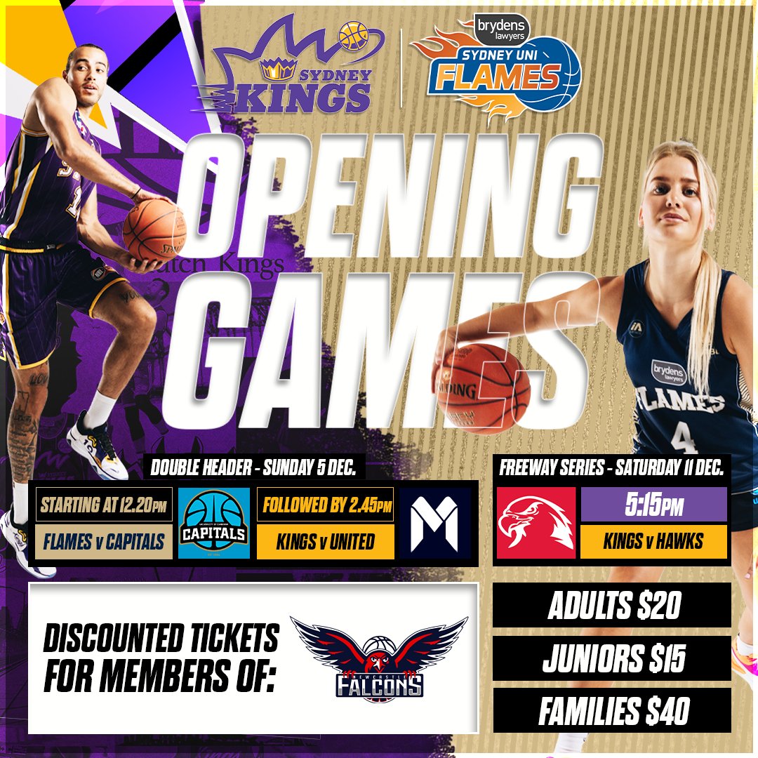 AS part of our 2021-22 association partnership with <a href="/SydneyKings/">Sydney Kings</a> &amp; @SydUniFlames, <a href="/NewyBasketball/">Newcastle Basketball</a> is giving away free tickets to a Kings-Flames <a href="/NBL/">NBL</a>-<a href="/WNBL/">WNBL</a> double-header. Head to our website for details: bit.ly/3EffIPK
<a href="/NBL1East/">𝐍𝐁𝐋𝟏 𝐄𝐚𝐬𝐭</a> <a href="/NBL1/">NBL1</a> <a href="/BasketballNSW/">Basketball NSW</a> 
#FalconsFlyingAgain