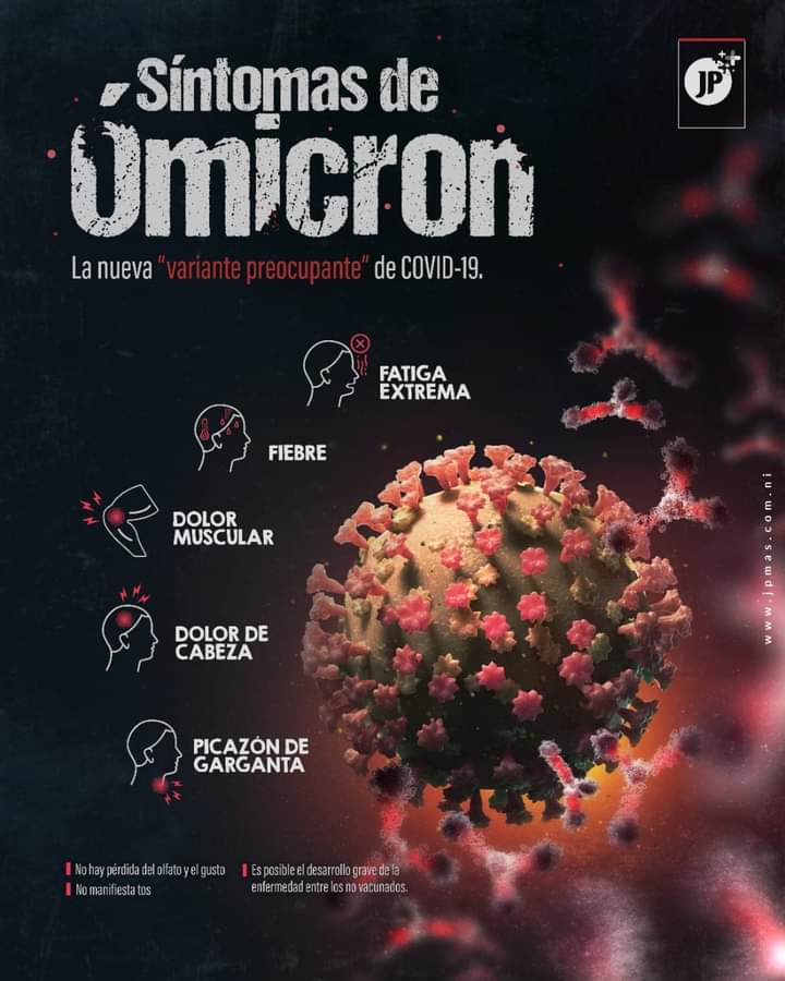 Estos son los síntomas de #Ómicron , la nueva variante de la COVID-19 descubierta en Sudáfrica y que se propaga por el mundo.
#SoberaniaEnMiTierra #LeónRevolución #PLOMO19 <a href="/ElCuerv0Nica/">EL CUERVO 🇳🇮</a> <a href="/DrSuazo915/">𝙎𝙪𝙖𝙯𝙤 ☭✊🏻🇵🇸</a> <a href="/BERINGESQUIVEL/">Bering Esquivel</a> <a href="/FelipeSCamposA/">Felipe Campos</a>