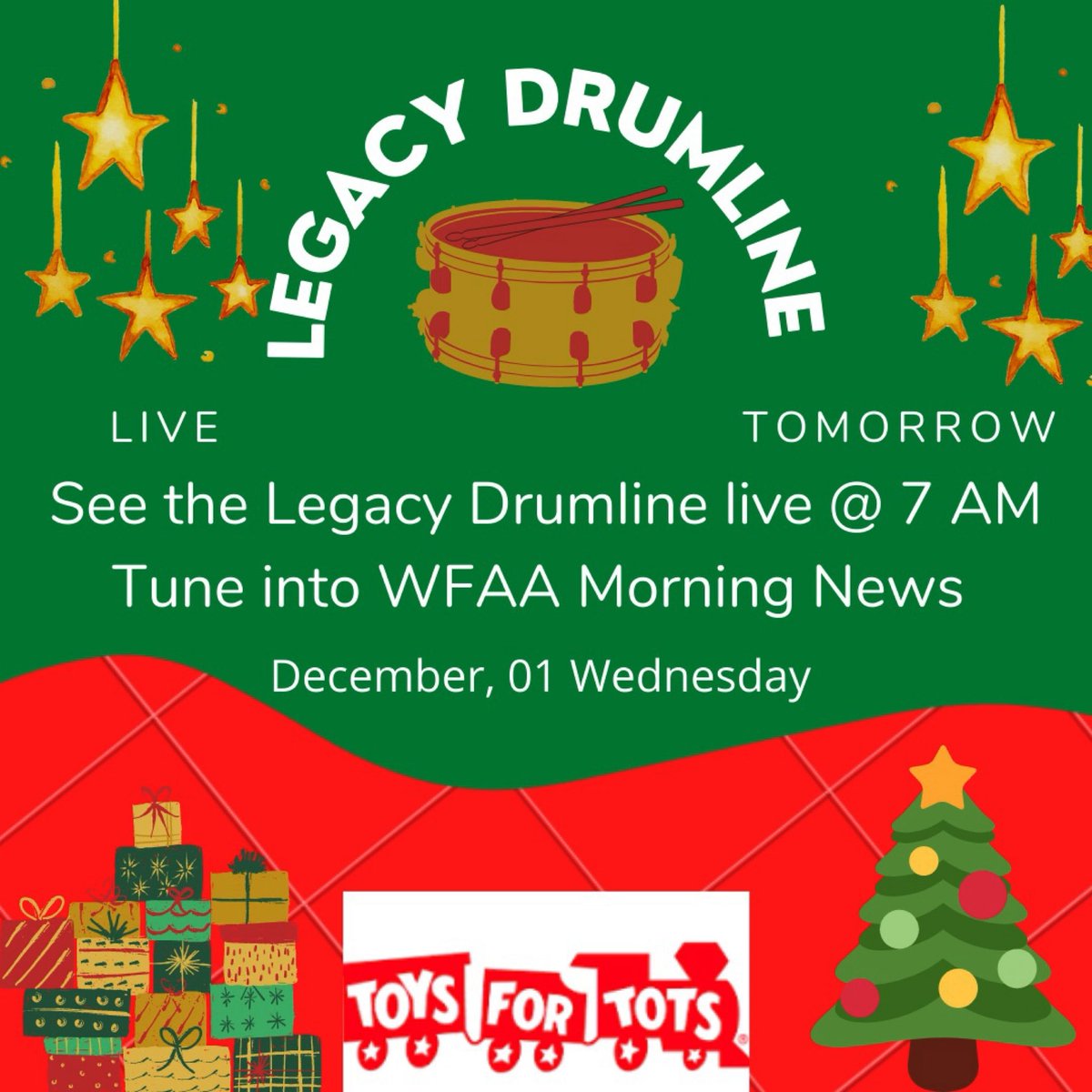 BroncoBandLHS's tweet photo. Tomorrow morning @ 7 am the Legacy Drumline will perform for Toys for Tots. Tune in to the WFAA morning news to support the Bronco Band!!!! https://t.co/H8rkVNVZ0y