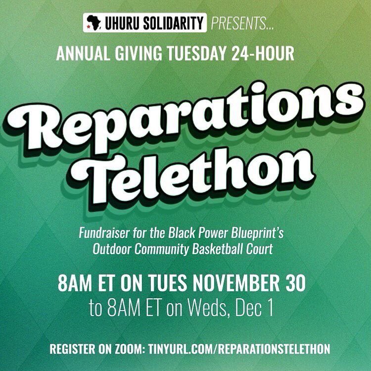 Uhuru!

I will be participating in a special interview on the #UhuruSolidarityMovement’s #GivingTuesday  24-hour Telethon, to raise #Reparations to the #BlackPowerBlueprint.

Nov 30, 2021 @ 6:25pm CT

RSVP: TinyUrl.com/ReparationsTel…

#ChairmanOmaliYeshitela #AfricanInternationalism