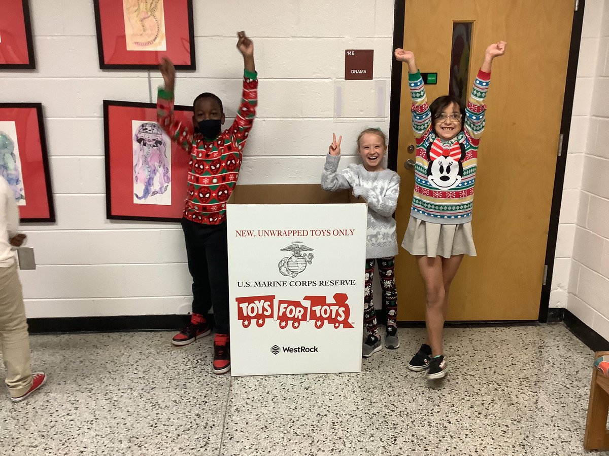 LIESOspreys's tweet photo. We’ve had Wacky Hair Day and Holiday Outfit Day at LIES to celebrate the gifts that we are bringing in for Toys for Tots! Let’s fill up those toy boxes! Tomorrow students who bring in a toy will receive an Osprey Buck!  #OspreyLove❤💙❤ #ItsTimeToPUSH https://t.co/ImzkC1e9yc