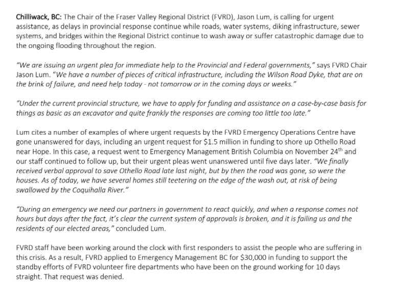 ty_olsen's tweet photo. BREAKING: The Province of BC sat on urgent requests for help for days, the Fraser Valley Regional District says in this release. One was a request for help protecting Othello Road. By the time the request was finally approved, the road to a key tourist attraction was washed away https://t.co/gBvGjVWGCS