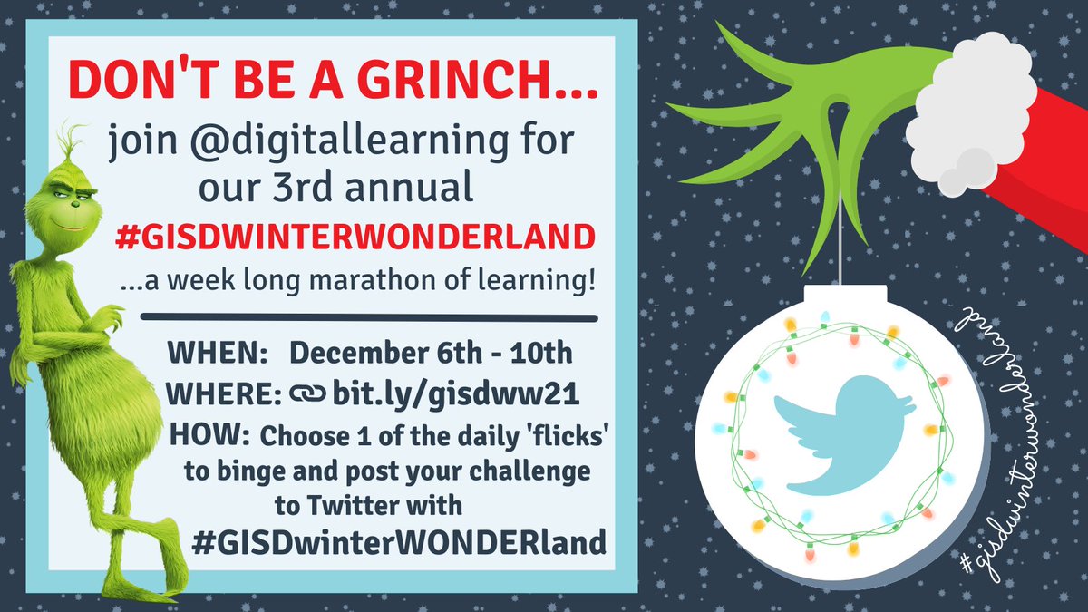DigitalGISD's tweet photo. Did you hear the 3rd annual #GISDwinterWONDERland starts next week? 👀🥶Join us Dec. 6-10 for a week-long marathon of binge-worthy creativity and wonderment (&amp; daily opportunities for SWAG of course🎉)! Just head to https://t.co/uS9NtIduGi for more info. #GISDlearning #GISDeffect https://t.co/ascmWEO0EZ