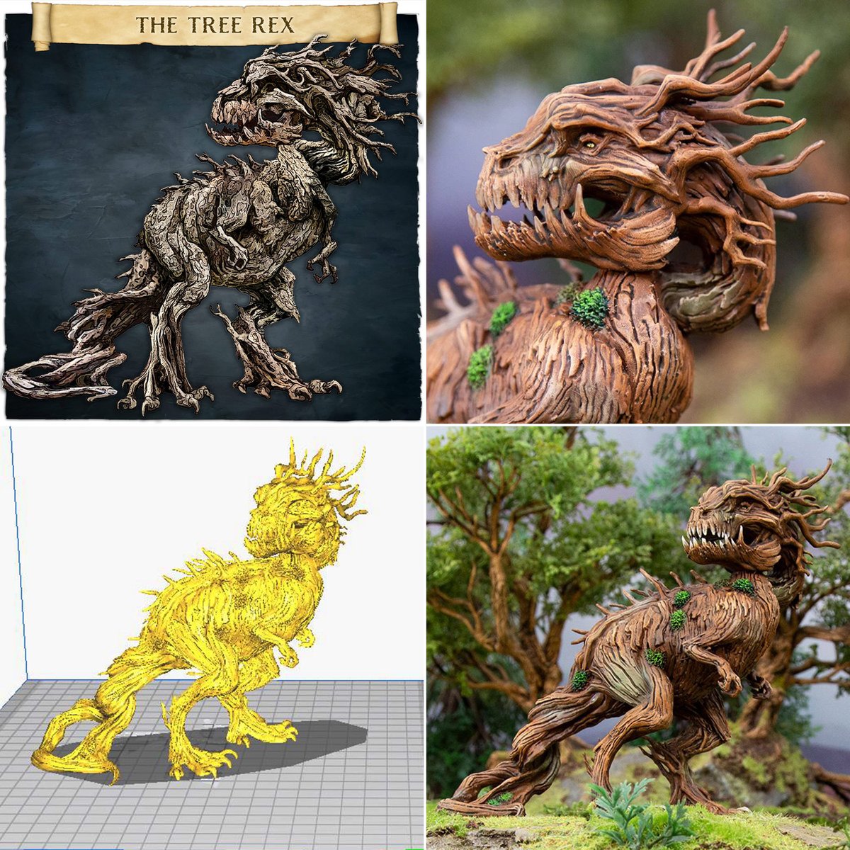 From concept sketch to a digital sculpt to the physical 3D print! The Tree Rex is available now from Printable Scenery as part of the recently released Hagglethorn Hollow STL Collection.  buff.ly/3p9uy41