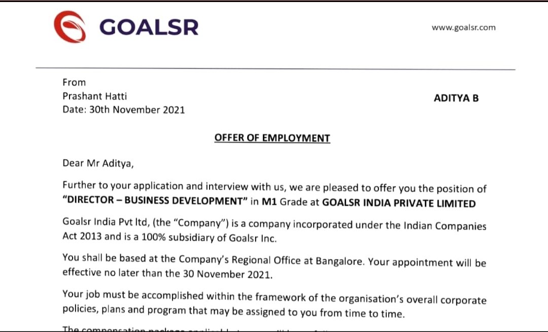 Aditya79772402's tweet photo. I'm very honoured to announce that I'm being  selected as Director- Business Development  in Goalsar India Private LIMITED.I would like to use in this opportunity and work in dynamic environment that enables me to utilize my knowledge and learn things and progress professionally https://t.co/BS8ODoK8WH