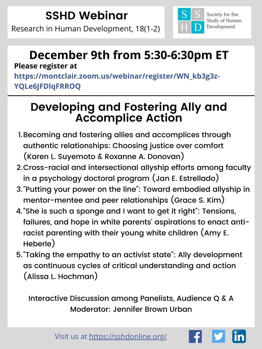Upcoming SSHD Webinar!
Developing and Fostering Ally and Accomplice Action
December 9th, 5:30-6:30pm ET 
Please register at montclair.zoom.us/webinar/regist…