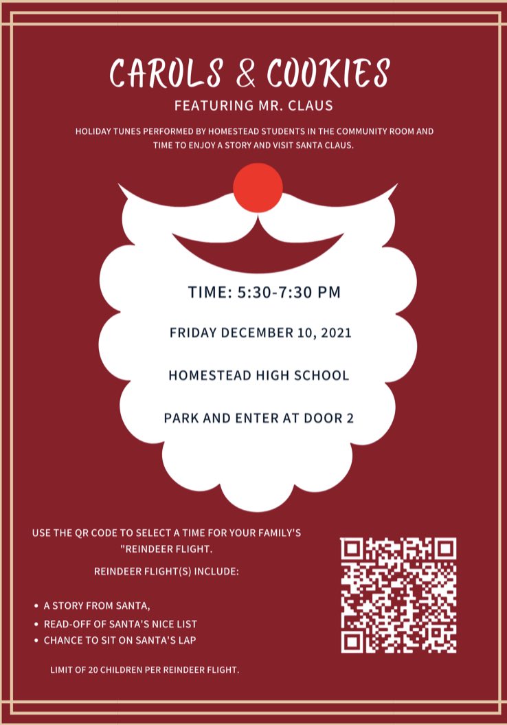 Homestead Riley Dance Marathon presents: Carols &amp; Cookies. Select a time for your family’s Reindeer Flight at this link: docs.google.com/forms/d/e/1FAI…