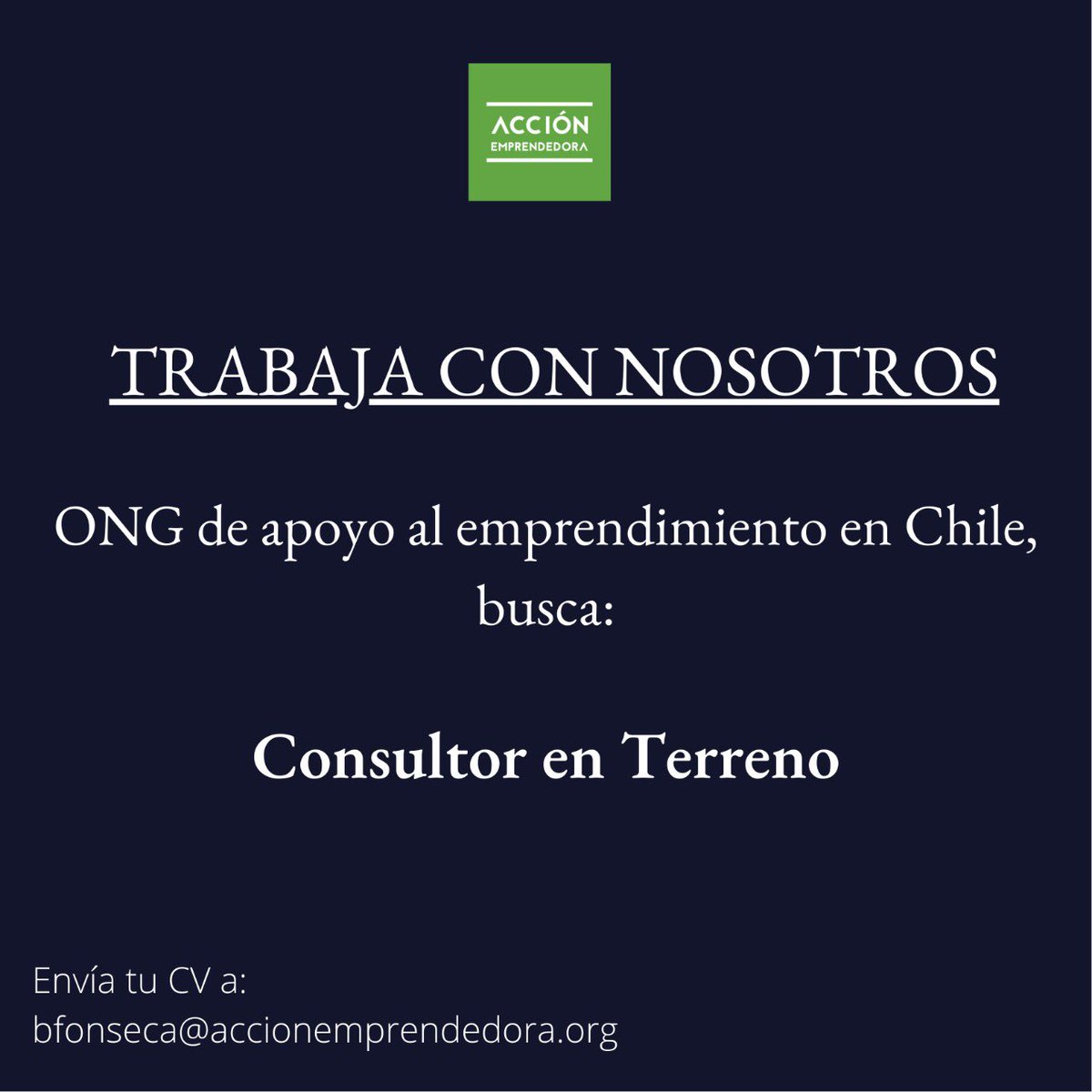 Buscamos Consultor en Terreno para integrar a nuestro equipo de trabajo.
El objetivo principal es realizar visitas en terreno a emprendedores de la RM de Santiago.

Si te interesa, envía tu CV a bfonseca@accionemprendedora.org 

 ¡Súmate!