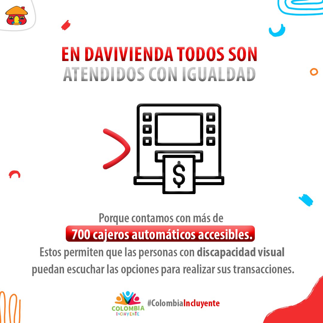 Davivienda's tweet photo. Por más de 6 años nuestros clientes con discapacidad visual y/o auditiva han accedido a nuestras oficinas, cajeros, DaviPlata y portal de Educación Financiera sin ninguna barrera. Así conmemoramos la semana de los derechos de las personas con discapacidad. #ColombiaIncluyente https://t.co/SKhErFI2Sa