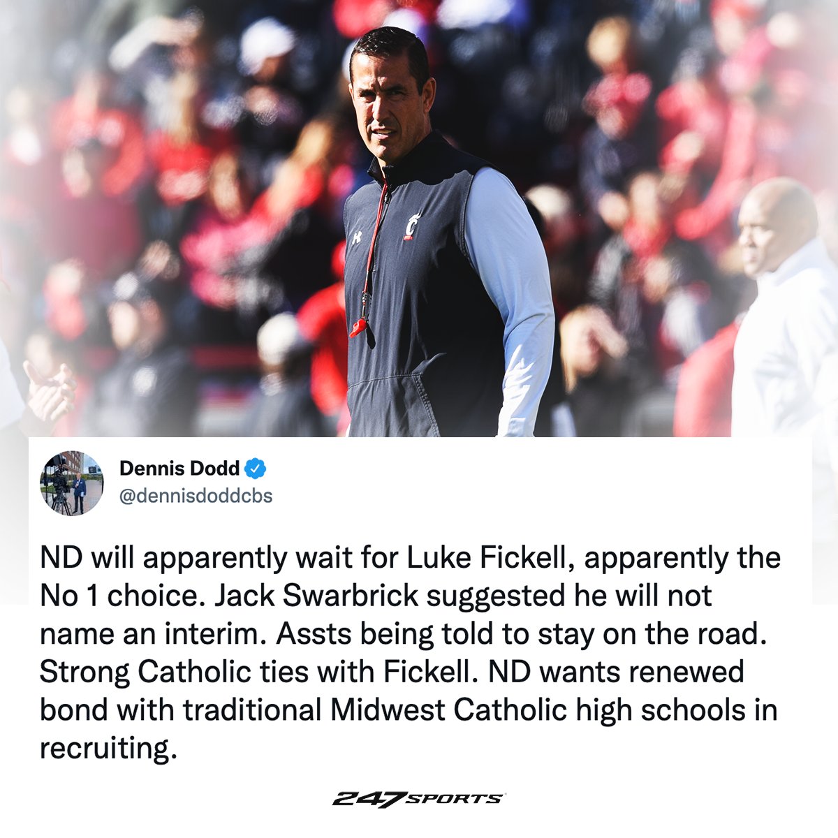 247Sports's tweet photo. JUST IN: Luke Fickell is apparently Notre Dame's No. 1 choice, according to @dennisdoddcbs. https://t.co/KlKjl1dQcD