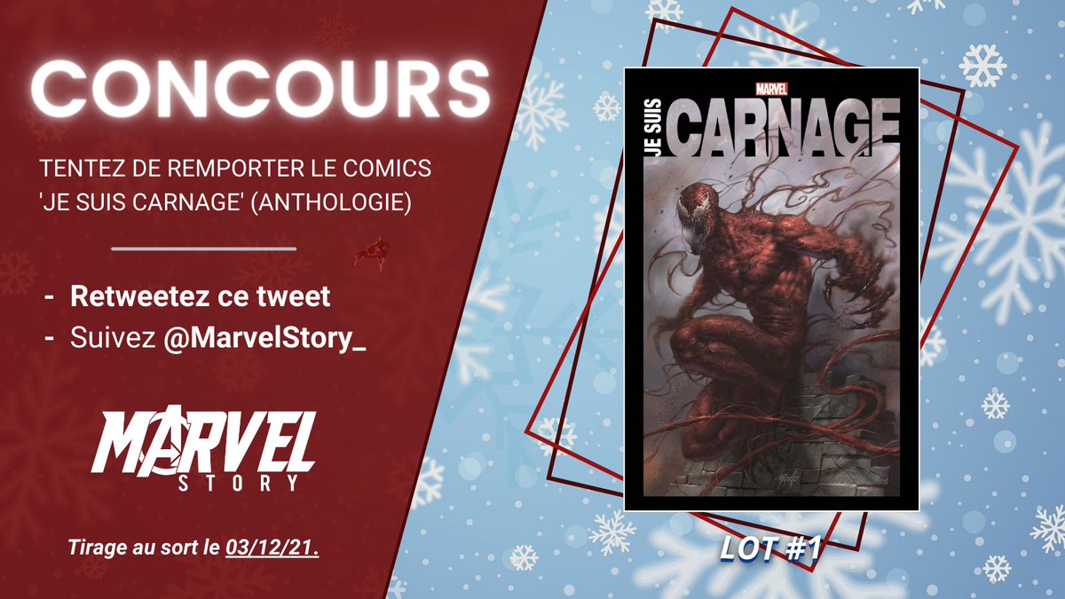 MarvelStory_'s tweet photo. 🎁 CONCOURS #1 🎁

Pour ce tout premier concours du mois, tentez de remporter le comics 'JE SUIS CARNAGE' (anthologie) !

- Follow @MarvelStory_
- Retweetez ce tweet

Participez sur Instagram pour doubler vos chances ! Tirage au sort dans deux jours, ce vendredi 3 décembre ! https://t.co/Vr1K9Uk9fR