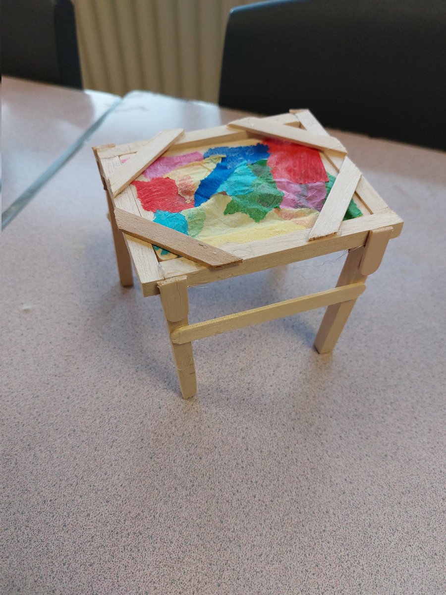 stephodonnellDT's tweet photo. Well a year 6 today designed and carried out this simply fantastic collapsible gazebo with stained glass roof. He ofset the hinges so the legs went fully down. It was wonderful to work through his #iterations with him. #engineerofthefuture #DandT @bm_liverpool https://t.co/DGhVS7XsSV