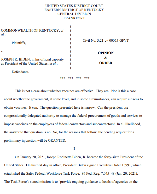 ElectionWiz's tweet photo. #BREAKING: Federal judge blocks Pres. Joe Biden's vaccine mandate for federal contractors from going into effect in Kentucky, Ohio and Tennessee, saying the mandate likely exceeds the President's authority. https://t.co/3fCifOBZbL