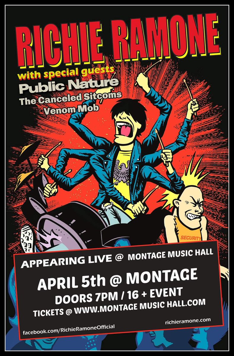 Richie Ramone (of The Ramones) in Rochester, NY
w/ Public Nature, Venom Mob, &amp; The Canceled Sitcoms

Tuesday, April 5th // @ The Montage Music Hall

Tickets: eventbrite.com/e/richie-ramon…

RSVP: facebook.com/events/8226805…