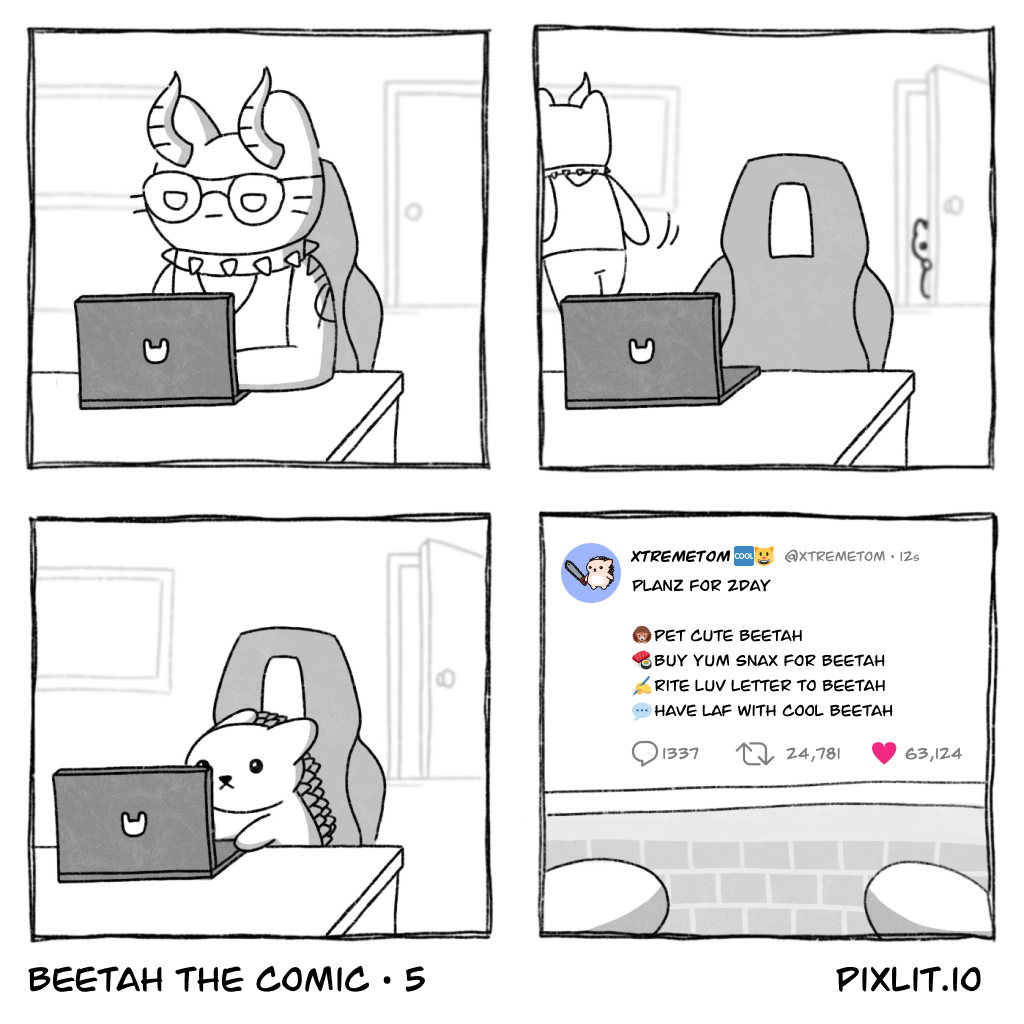 Pixlit's tweet photo. #BeetahTheComic Issue 5

Now we know the source of @xtremetom's Beetah obsession 🦔. If all your cool pets turn out to be a ton of hedgehogs, we'll know who hacked it.

Follow @PixlitEth to watch Beetah's adventure unfold!

#coolcatcreations @coolcatsnft https://t.co/1Cqy7ef3p9