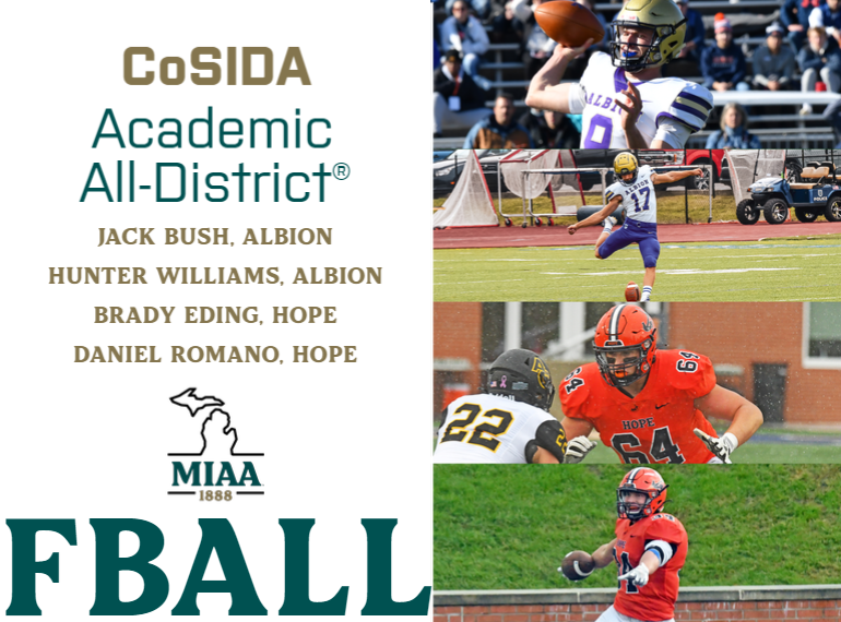 #D3MIAA Sports (@miaa1888) on Twitter photo Congrats to Jack Bush and Hunter Williams of <a href="/gobrits/">Albion Athletics</a>, and Brady Eding and Daniel Romano of <a href="/HopeAthletics/">Hope College Athletics</a> for their CoSIDA Academic All-District® status! 🏈
READ -- miaa.org/x/tqbeh
#D3MIAA #MIAAfb Congrats to Jack Bush and Hunter Williams of <a href="/gobrits/">Albion Athletics</a>, and Brady Eding and Daniel Romano of <a href="/HopeAthletics/">Hope College Athletics</a> for their CoSIDA Academic All-District® status! 🏈
READ -- miaa.org/x/tqbeh
#D3MIAA #MIAAfb