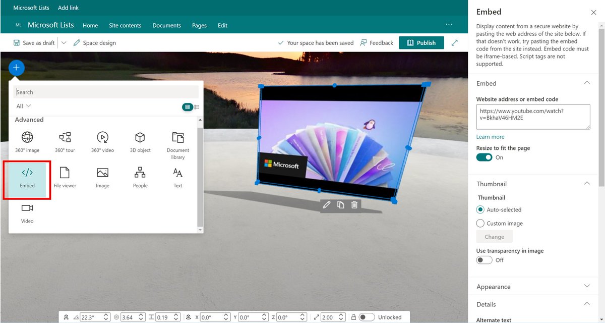 techan_k's tweet image. SharePoint Spaces に埋め込み Web パーツ来てた😆！
#SharePoint #SharePointSpaces