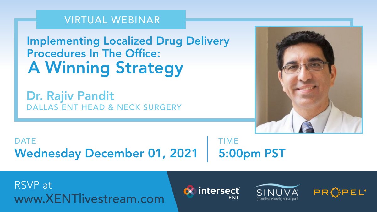 IntersectENT's tweet photo. Join us for our upcoming webinar led by @rajiv_pandit on Implementing Localized Drug Delivery Procedures In The Office. We’ll cover topics including in-office workflow, patient selection, and more. Space is limited, register now: https://t.co/WgR28xW1zH
#IntersectENT #ENT https://t.co/X8Pb2oit90