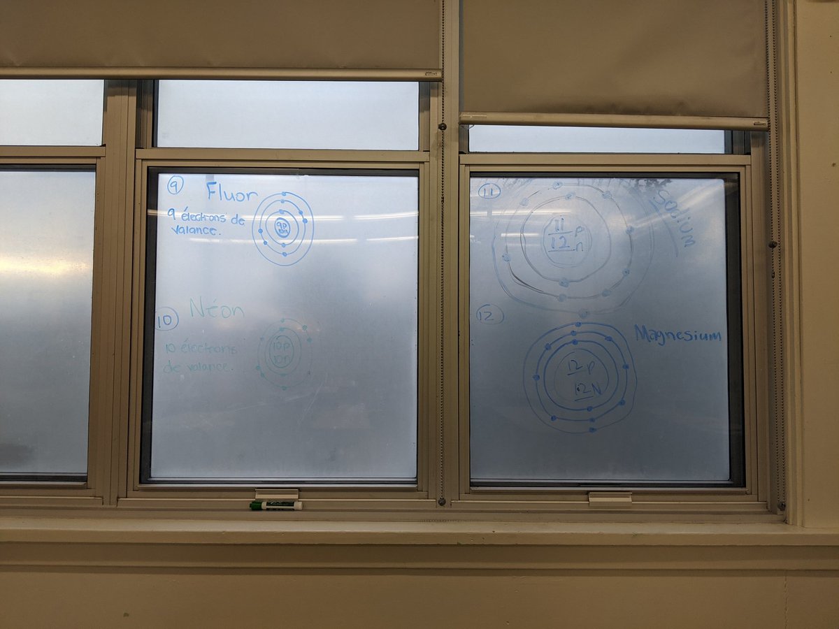 MmeParsons's tweet photo. Today the grade 9 science students practiced Bohr models on the windows @EllenvaleJrHigh https://t.co/LJMWqrZK6M