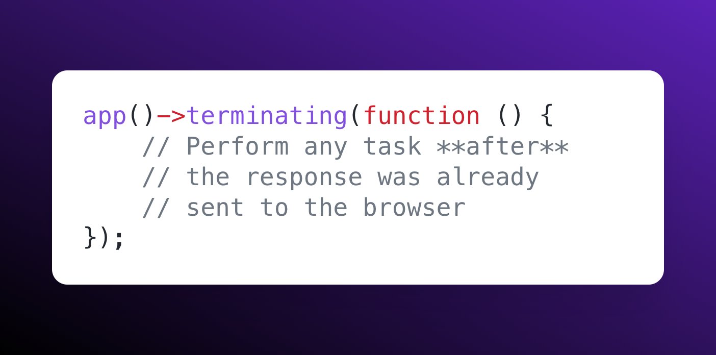 Use the app()-&gt;terminating() hook to perform tasks *after* the response has been sent to the user