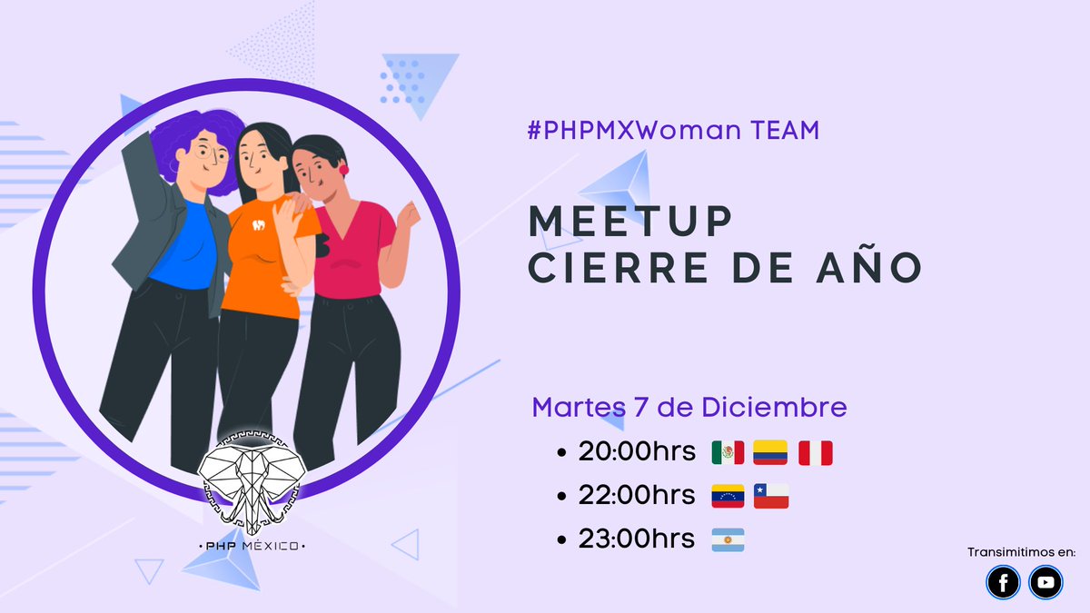 phpmx's tweet photo. ⏳⏳⏳ Próximo #Meetup ⏳⏳⏳

* 📘 "Meetup Cierre de Año."
* 📆 mar., 7 Dic
* 🕑 8:00pm 🇲🇽
* 💻 https://t.co/yuCYdiD1A3
* 🙋🏻 PHPMXWoman Team
* 📝 https://t.co/X9I7jQjMF1

#phpMXWoman #phpmxmeetup #phpmx #womenintech  #womenempowerment https://t.co/pDcqXik29T