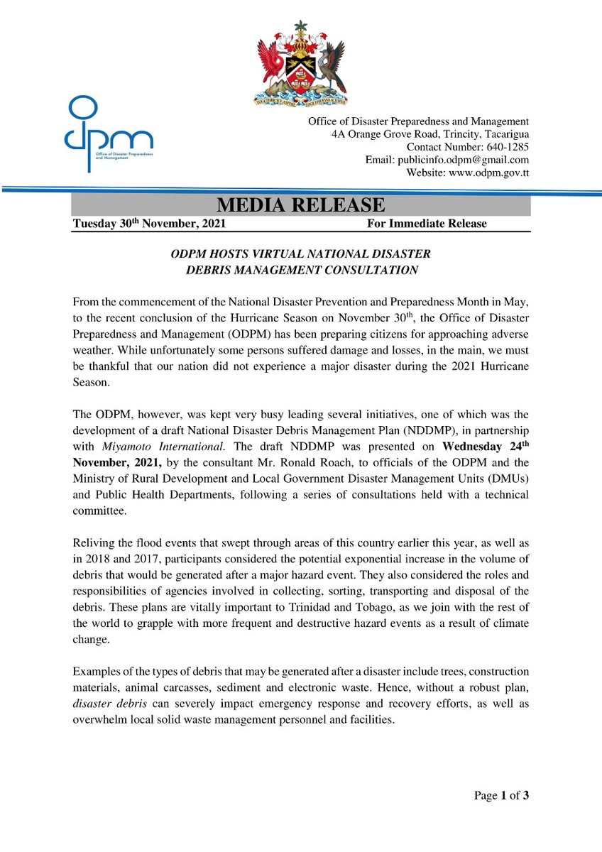 ODPM_TT's tweet photo. ODPM HOSTS VIRTUAL NATIONAL DISASTER
 DEBRIS MANAGEMENT CONSULTATION
#BeReadyTT   #ODPMTT https://t.co/UhaveHUyiD