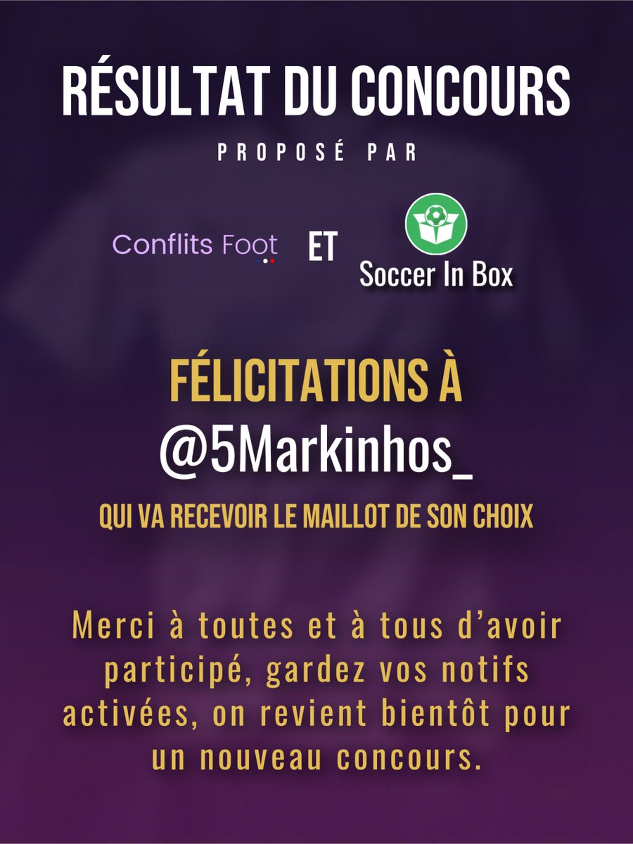 LaPauseFootball's tweet image. 🎁 RÉSULTAT DU CONCOURS: 

Merci à tout le monde d’avoir participé !

Félicitations à @5Markinhos_ , le grand gagnant !

Merci beaucoup à @SoccerInBox pour sa collaboration, afin de mettre en place ce concours.