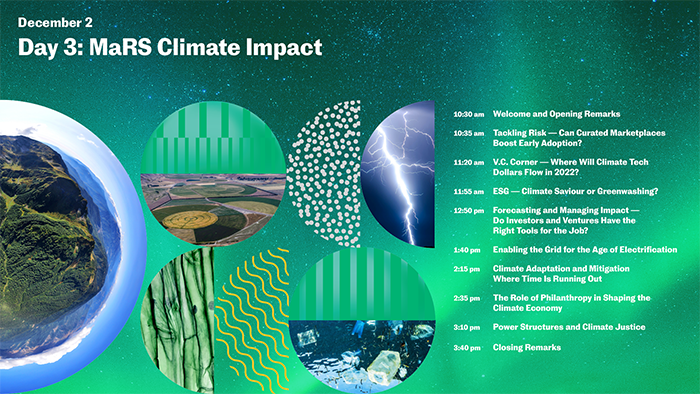 Today is the last day of #MaRSClimateImpact, and we're finishing it with big name speakers from <a href="/Acumen/">Acumen</a>, <a href="/PreludeVC/">Prelude Ventures</a>, <a href="/MITSloanSusty/">MIT Sloan Sustainability Initiative</a>, <a href="/StashEnergy/">Stash Energy Inc.</a>, @OpusOneSolns, <a href="/SP_Inst/">SP Institute</a>, <a href="/ClintonFdn/">Clinton Foundation</a> and <a href="/macfound/">MacArthur Foundation</a>, to name a few.