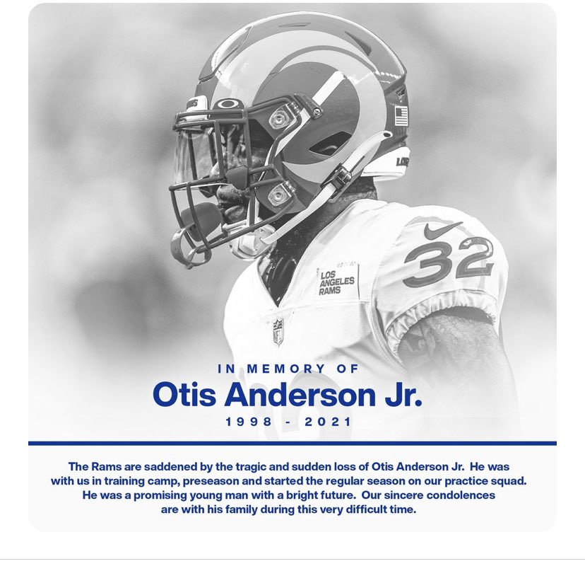 Rams announced the “tragic and sudden loss” of Otis Anderson Jr. “Our sincere condolences are with his family during this very difficult time,” the team said.