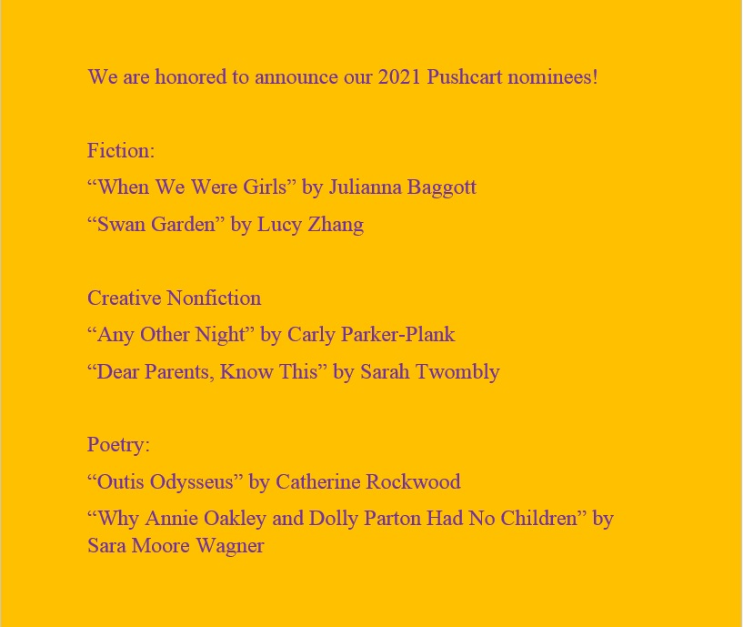 Contrary Magazine (@contrarymag) on Twitter photo Our '21 Pushcart nominees!
“When We Were Girls” @jcbaggott
“Swan Garden” <a href="/Dango_Ramen/">Lucy Zhang</a>
“Any Other Night” Carly Parker-Plank
“Dear Parents, Know This” @SarahTwombly
“Outis Odysseus” <a href="/martin65/">tu marido</a>
“Why Annie Oakley and Dolly Parton...” <a href="/SaraMooreWagne1/">Sara Moore Wagner</a>
contrarymagazine.com Our '21 Pushcart nominees!
“When We Were Girls” @jcbaggott
“Swan Garden” <a href="/Dango_Ramen/">Lucy Zhang</a>
“Any Other Night” Carly Parker-Plank
“Dear Parents, Know This” @SarahTwombly
“Outis Odysseus” <a href="/martin65/">tu marido</a>
“Why Annie Oakley and Dolly Parton...” <a href="/SaraMooreWagne1/">Sara Moore Wagner</a>
contrarymagazine.com