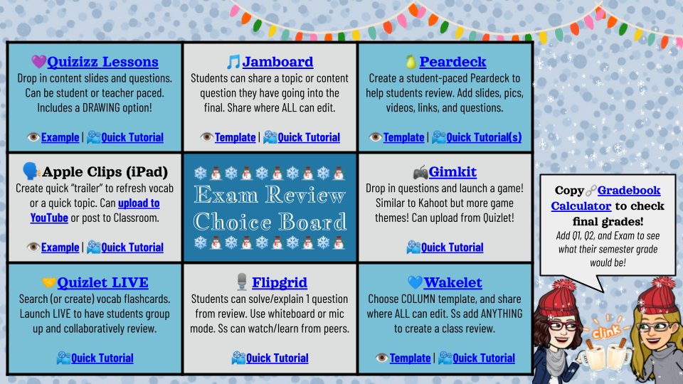 EdTechHawk's tweet photo. Getting ready to review and wind down the semester? Checking grades "twice"?
❄️☃️❄️☃️
Check out how digital tools can enhance the review season - featuring @quizizz @quizlet @GoogleForEdu @AppleEDU @gimkit @Flipgrid @wakelet @PearDeck 

🔗Snag a copy: https://t.co/3hEZun5vrJ https://t.co/seQy7chcb9