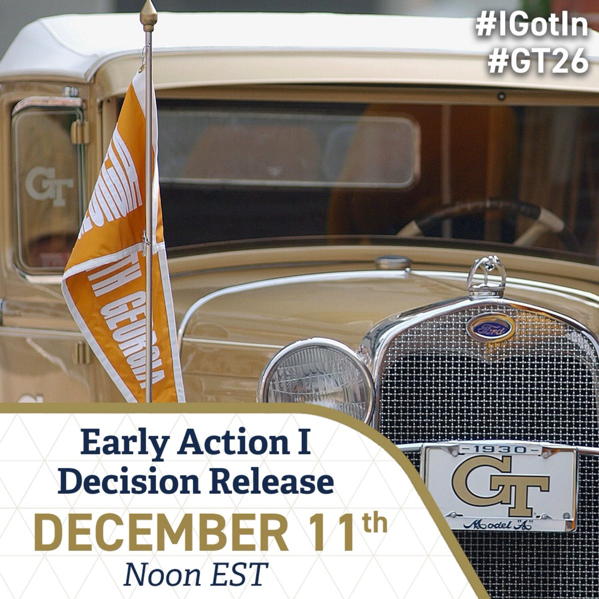 We look forward to welcoming new Yellow Jackets to #GT26 on Saturday, December 11th at noon EST. Early Action I decisions will be available in your admission portal. 🐝

#GT26 #IGotIn