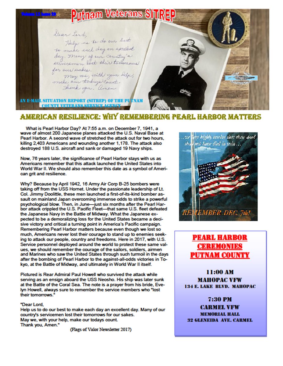 PCNY_VSA's tweet photo. Click here to read the latest issue of our office newsletter, "SITREP" https://t.co/joR3NA3nIH 
In this issue:
•Remembering Pearl Harbor
•JV Bagels Supporting Dwyer Vet2Vet Program
•Army Navy Game
•Wreaths Across America
•Veterans in Parks Act https://t.co/dbyqrKEGxU