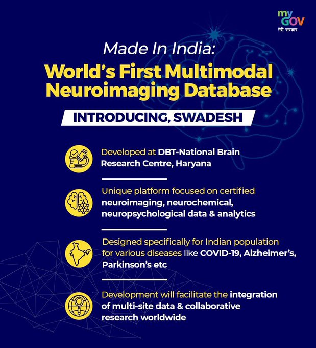 IndiainSlovenia's tweet photo. 📢 Pleased to introduce #SWADESH: World's 1st #MadeInIndia Multimodal #Neuroimaging Database developed by
the National Brain Research Centre DBT-NBRC, Haryana, 1st initiative in d area of data &amp; neuro analytics

#AatmaNirbharBharat 
#LocalforGlobal @IndiaDST
@CosylabHQ @the_rudis https://t.co/K1KaH0O73c