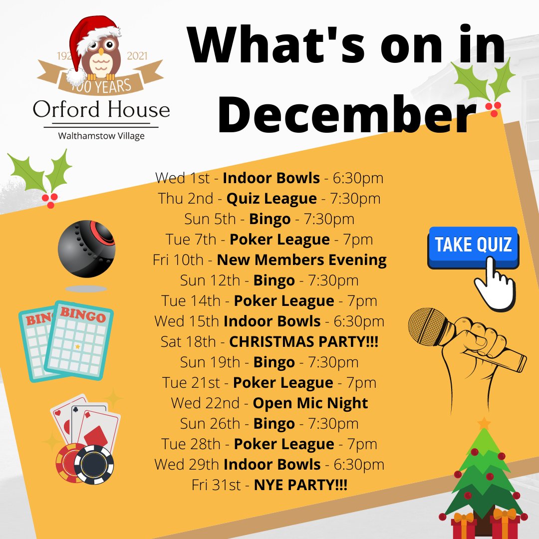 December is choc-full of Christmas treats! There's lots going on at the Club, so get your diaries out.

Given the current COVID-19 situation, please help keep staff and members at Orford House safe and take a lateral flow test before attending any events.

#Walthamstow