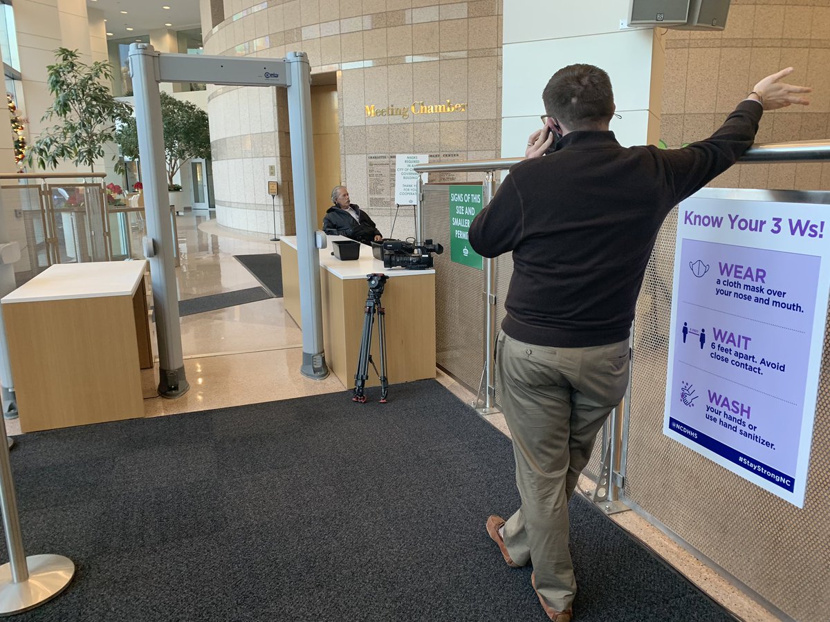 NickOchsnerWBTV's tweet photo. Hello from the Government Center, where @CharMeckSchools is set to begin a closed session meeting in 7 minutes.
I planned to get a picture of board members gathering but they’re not letting anyone in the building, which is illegal under the Open Meetings Act #ncpol #opengov https://t.co/3hBGkPXVaR