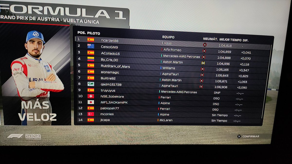 ricardet007's tweet photo. Mi primera pole en un campeonato de F1 💪💪💪👏👏👏🏎️🏎️🏎️🏁🏁🏁
#F2GP #GPAustria #PS4share #F12021game https://t.co/xA1YX9I5DN