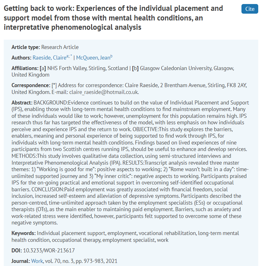 Connect4Work's tweet photo. #RT @UKVRA: RT @jeanahpm: Great to see Experiences of Individual Placement Support in Scotland published @CMacAllister86 @IpsWorks @ipsscotland @RCOT_Work #IPS #mentalhealth https://t.co/wVrrsmQ0iz https://t.co/eQ77T3C1O0