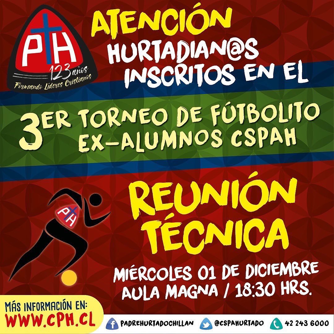 CSPAHurtado's tweet photo. Atención ex alumnos 👨‍🎓 mañana será la reunión técnica para definir los últimos detalles del 3 torneo de fútbolito de ex alumnos que se jugará las últimas semana de diciembre. 
Los esperamos a las 18:30 en él Aula Magna de nuestro colegio 🏫
Nos vemos mañana‼️ https://t.co/F14ePvoHUr