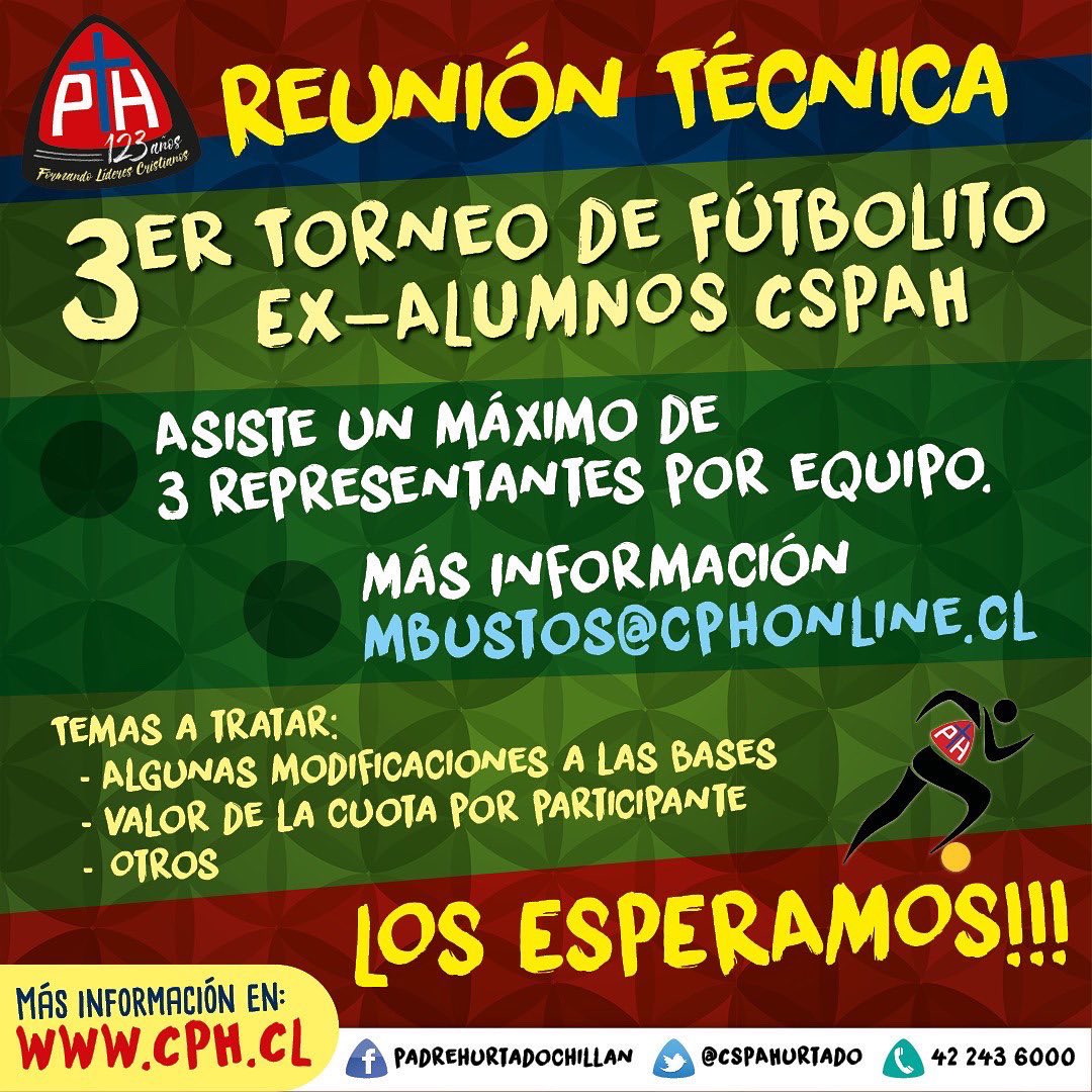 CSPAHurtado's tweet photo. Atención ex alumnos 👨‍🎓 mañana será la reunión técnica para definir los últimos detalles del 3 torneo de fútbolito de ex alumnos que se jugará las últimas semana de diciembre. 
Los esperamos a las 18:30 en él Aula Magna de nuestro colegio 🏫
Nos vemos mañana‼️ https://t.co/F14ePvoHUr