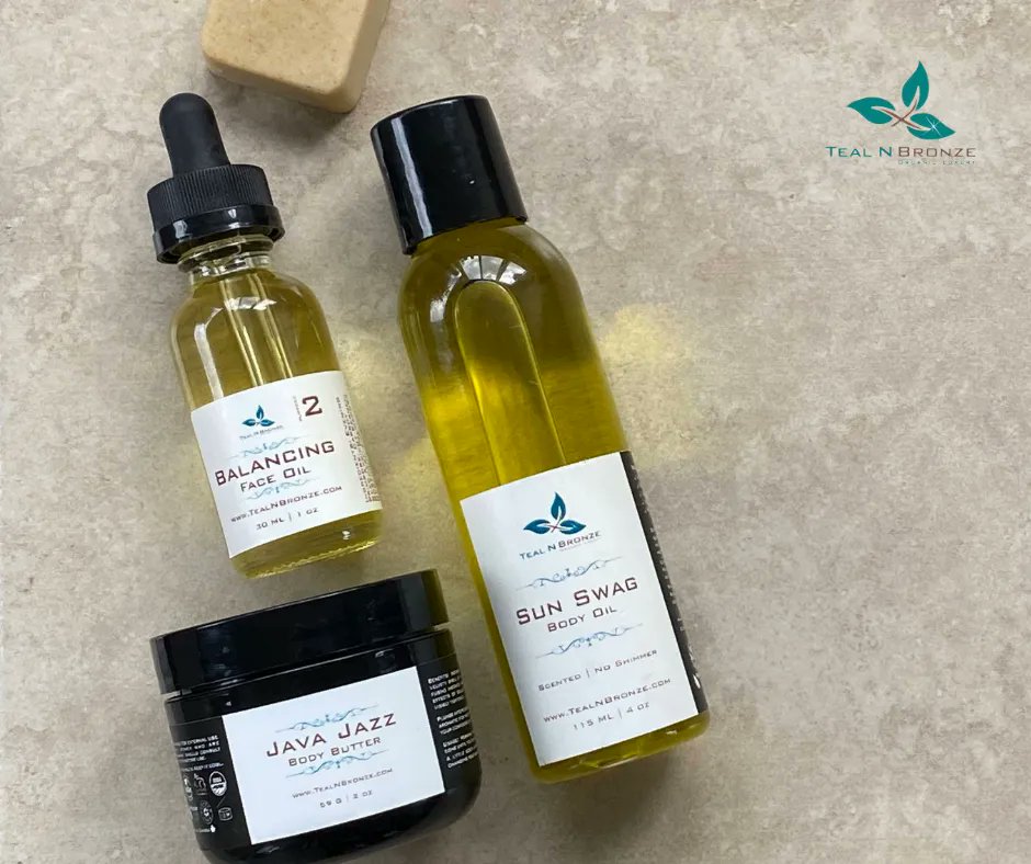 TealNBronze's tweet photo. Some of the many superstars in our store: Balancing Face Oil, Sun Swag Body Oil, the Java Jazz Body Butter, and a little peek of our Cleansing Bar. 

Which of these products would you add to your Wish List right now? 

#organicskincareproducts #genderneutral #selfcaredaily https://t.co/cQXvXQPOLK