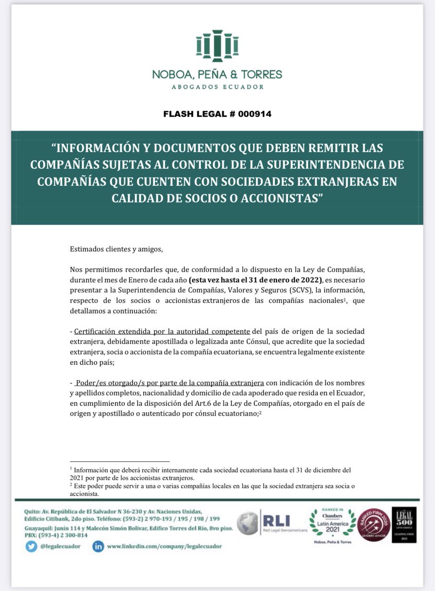 HenryGaiborF's tweet image. Flash Lega: @legalecuador informa que, conforme a la Ley de Compañías, durante el mes de Enero de cada año, es necesario presentar a la #SCVS la información respecto de los socios o accionistas extranjeros de las compañías nacionales, que se detalla en el siguiente archivo.✍️