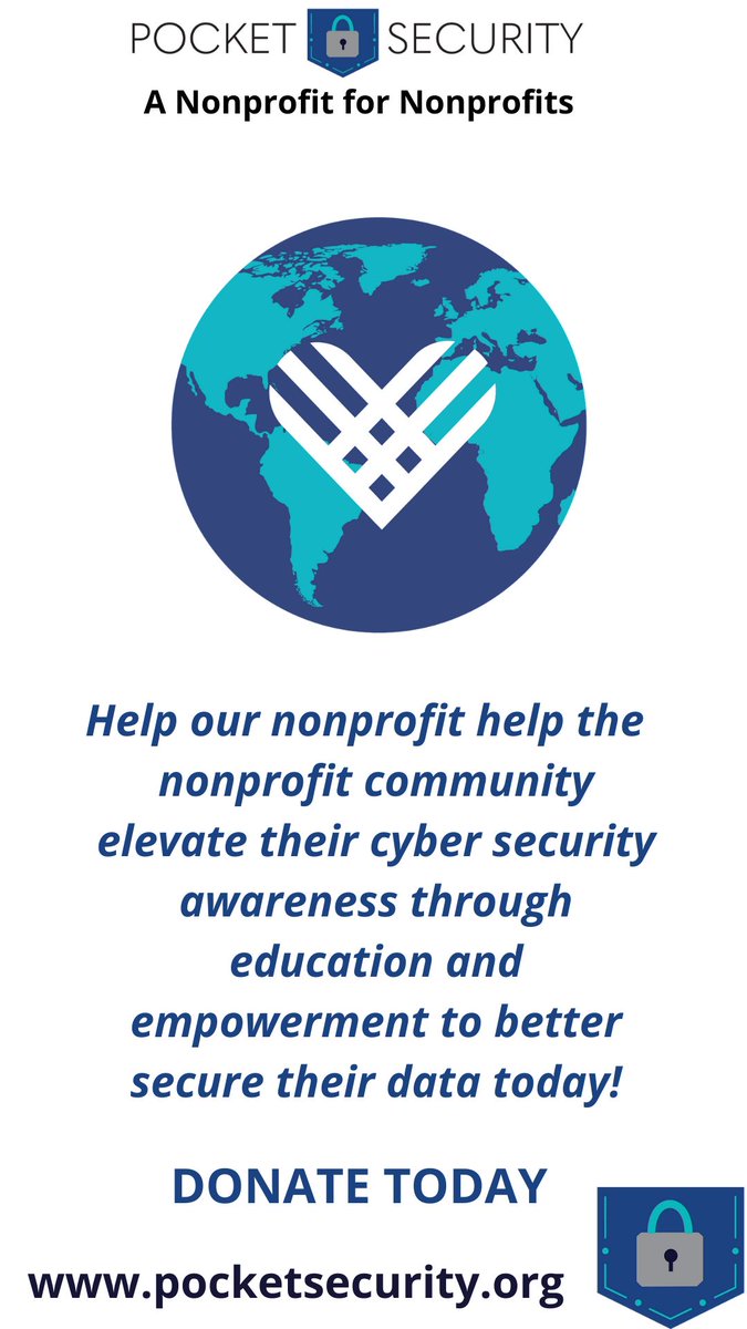 pocket_security's tweet photo. Giving Tuesday 2021!

Help us make the world a little safer today, while helping others.

#team #security #cybersecurityawareness 
#datasecurity #grateful 
#building #nonprofits #education
 #wehelpnonprofits #CISO
 #cisoconnect #security
#databreach #securityawareness https://t.co/dPcG9FyYTg